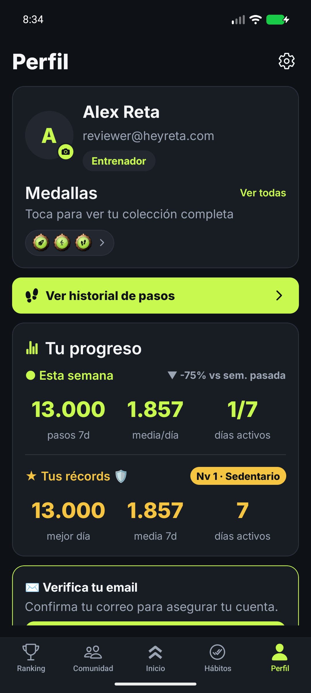 Pantalla de perfil de usuario en Reta