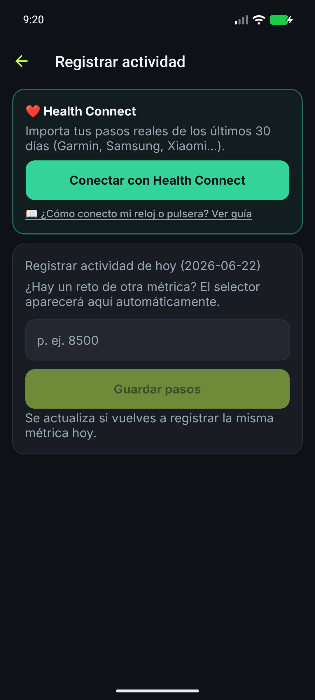 Pantalla para registrar actividad manualmente en Reta