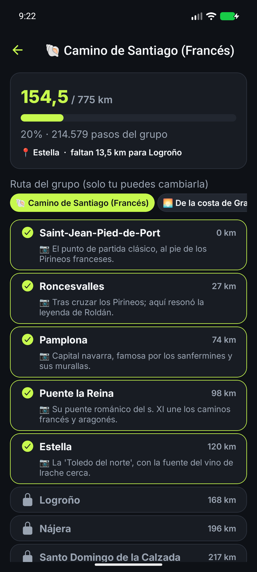Pantalla del viaje virtual del grupo en la app Reta