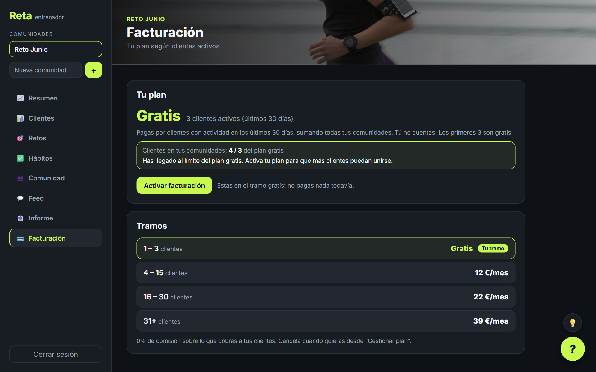 Sección Facturación del panel: plan del entrenador y pagos