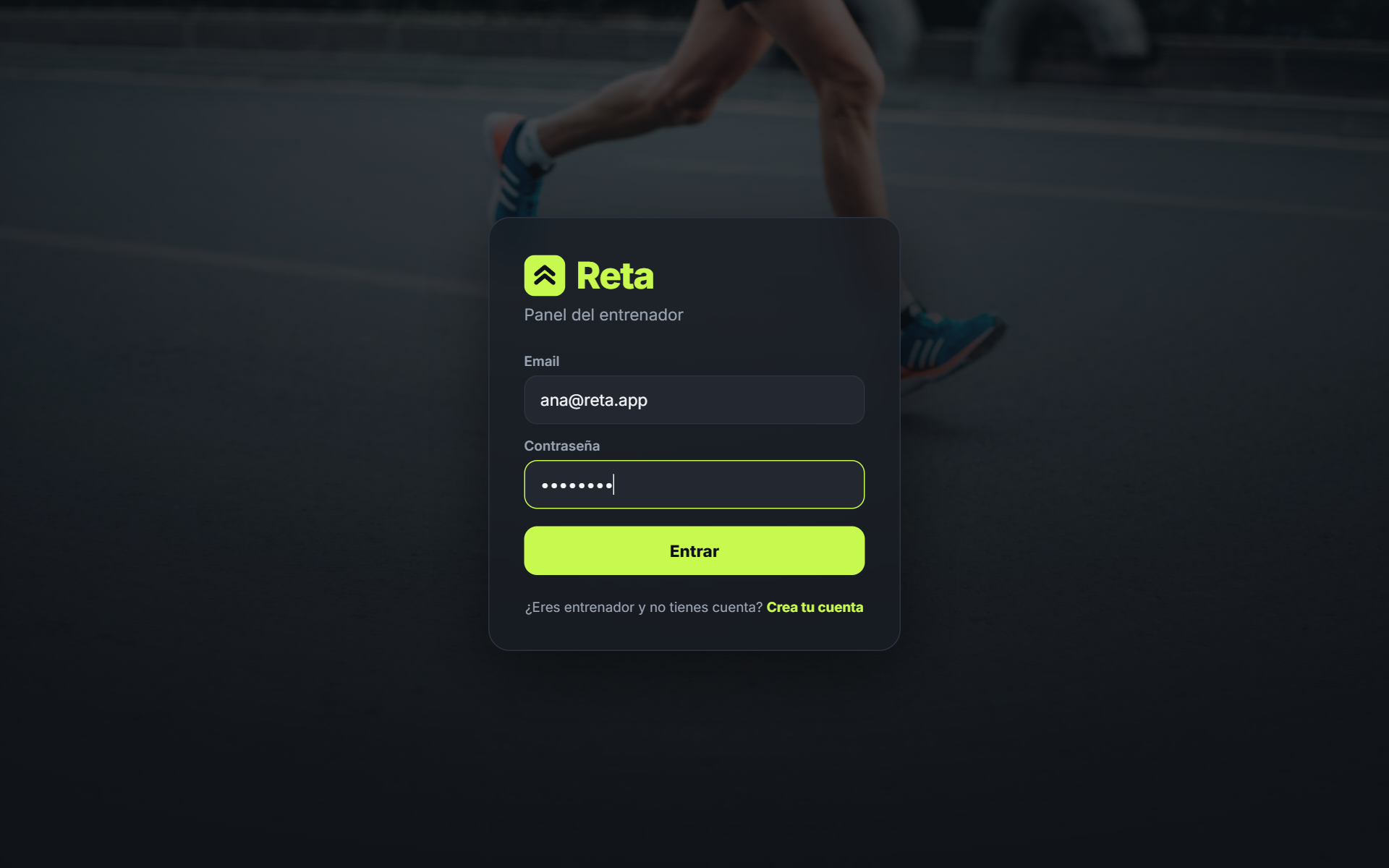 Pantalla de acceso al panel del entrenador de Reta